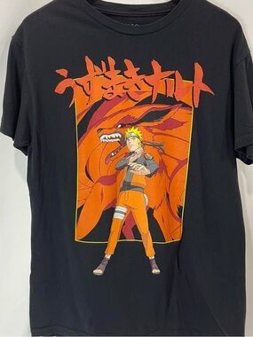 Men's Black Naruto Graphic Tee with Orange Kurama Artwork